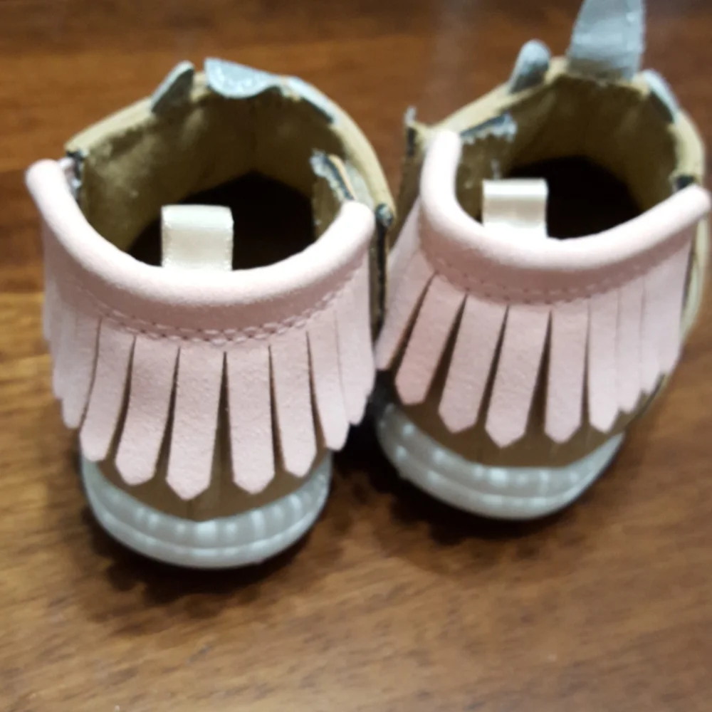 Carter's tan pink unicorn booties velcro fasten sparkle ears and horn sz 3 …EUC
